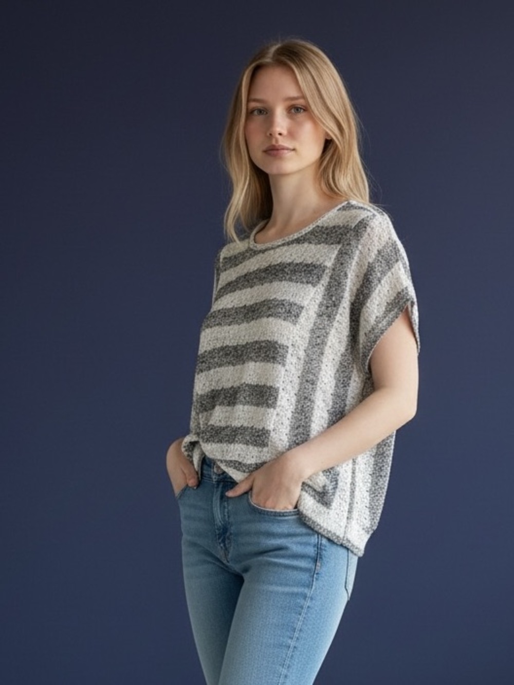 Striped Knit Boxy Top in Gray and Cream
